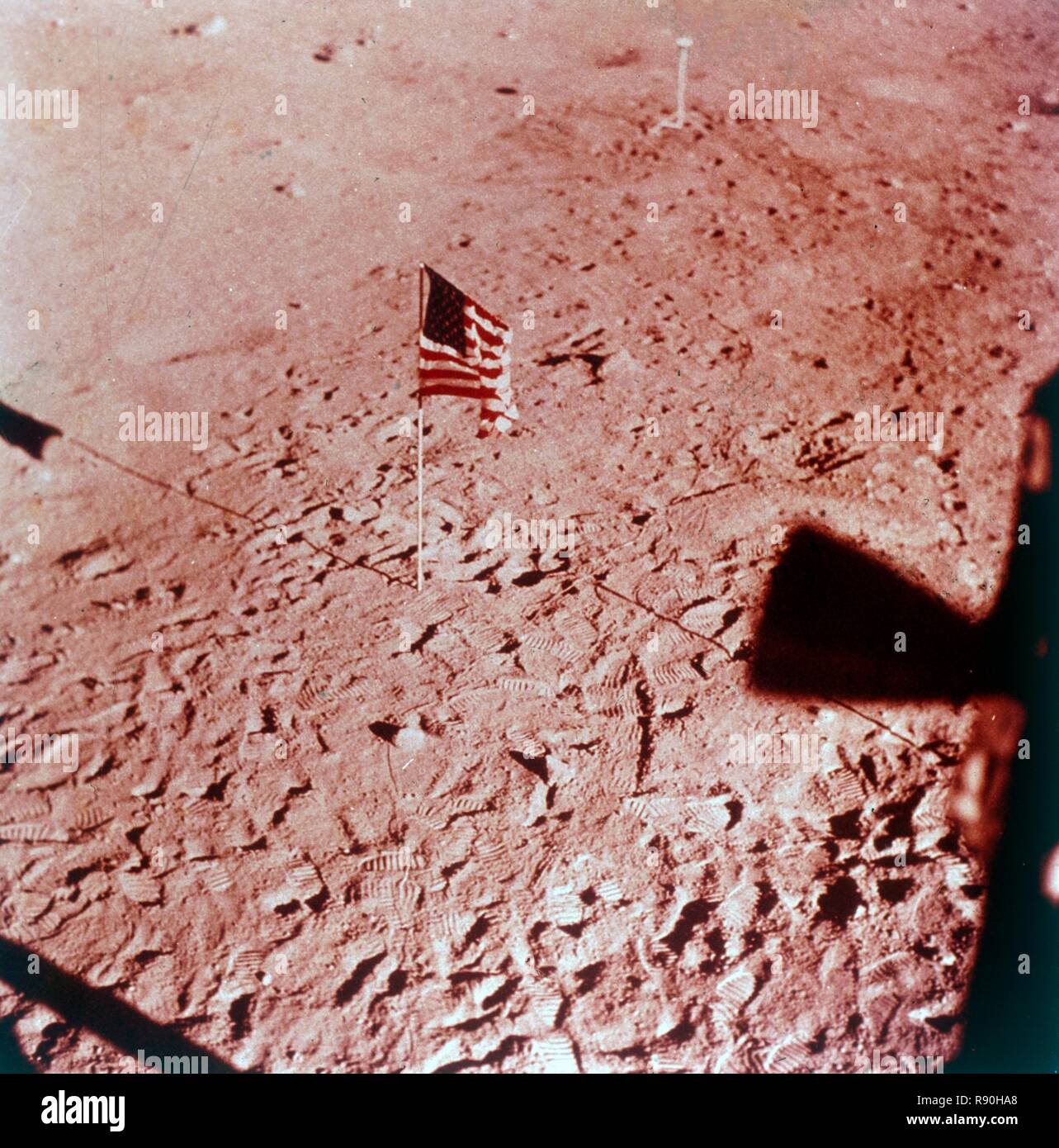 US flag on the Moon, Apollo 11 mission, July 1969. The American flag planted on lunar soil, seen