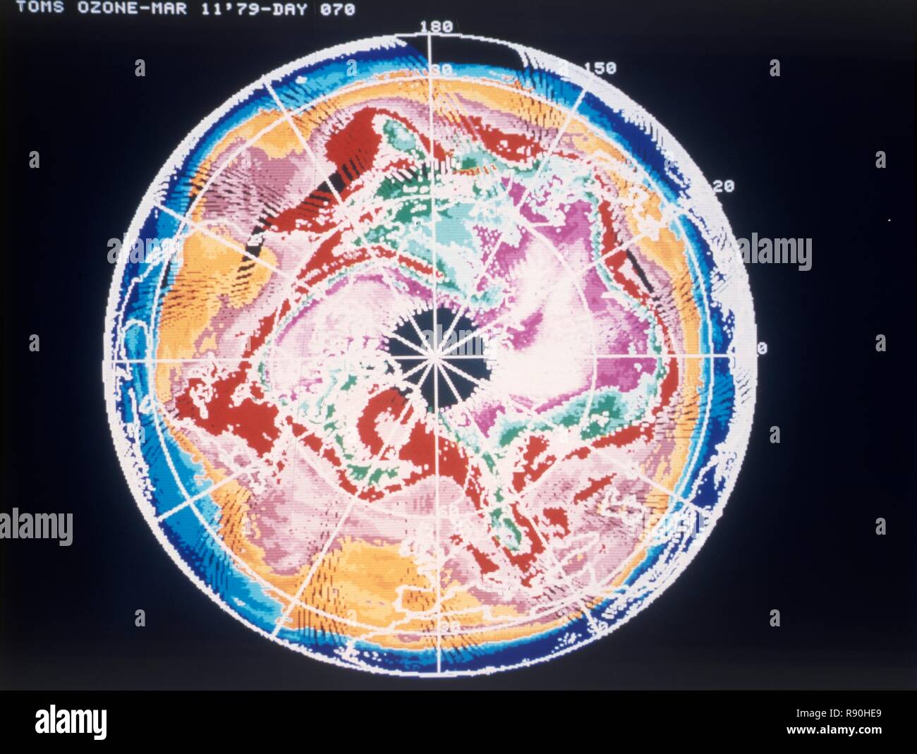 North Pole total ozone maps with meteorological chart, March 1979. Creator: NASA. Stock Photo