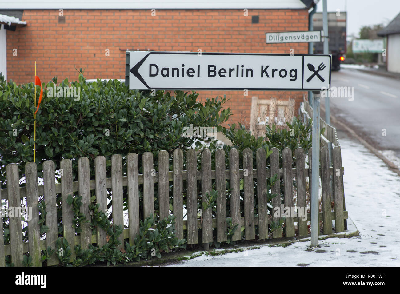 Sign for Daniel Berlin's restaurant in Sweden, one of few restaurants outside of big cities who's in the Michelin Guide. Stock Photo