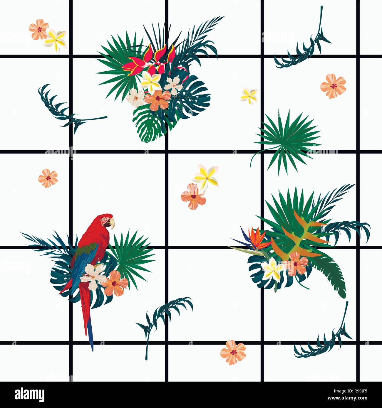 Seamless vecor exotic geometrical pattern with cells, parrots, flowers, feathers. Stock Vector