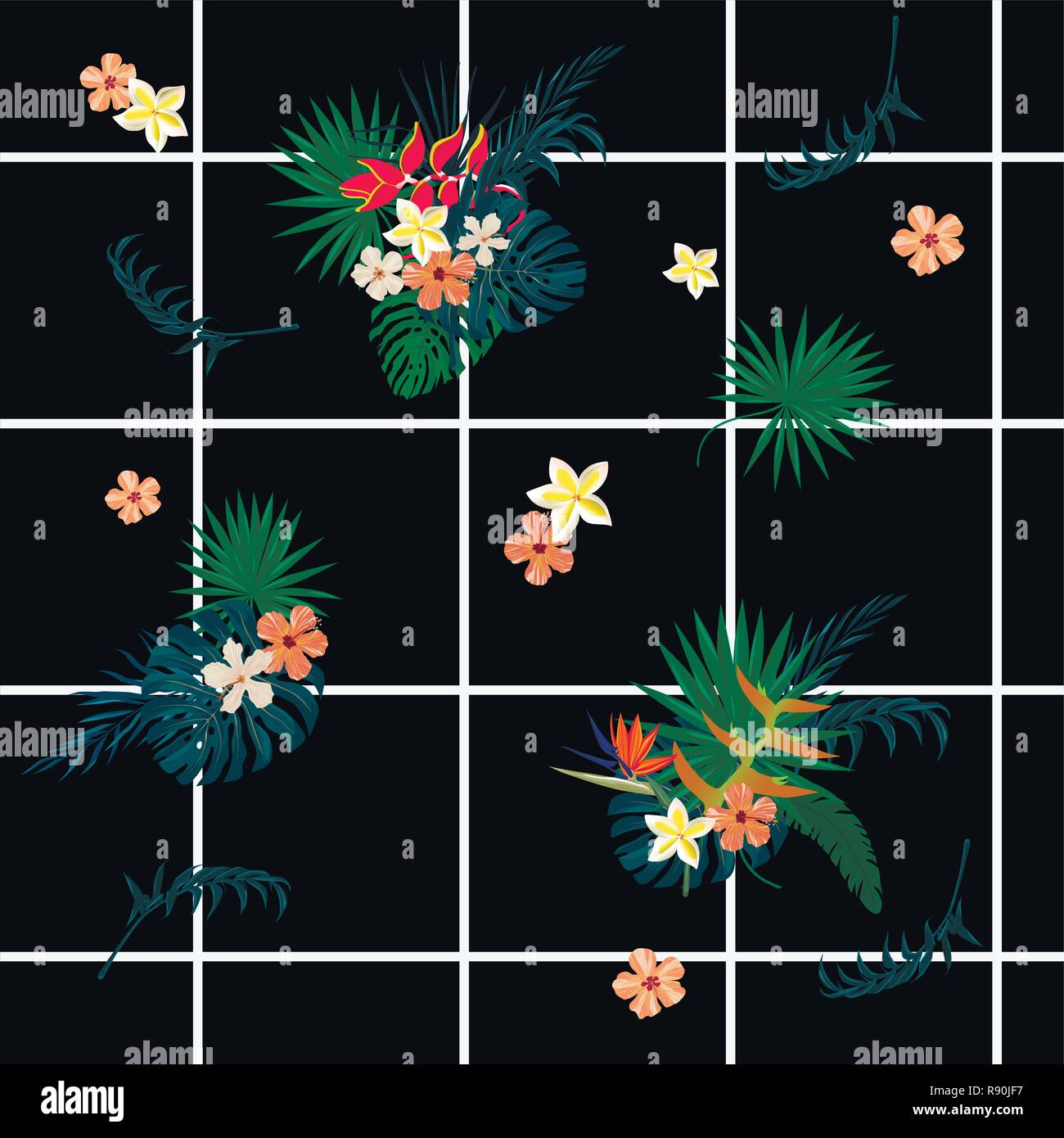 Seamless vecor exotic geometrical pattern with cells, flowers, feathers. Stock Vector