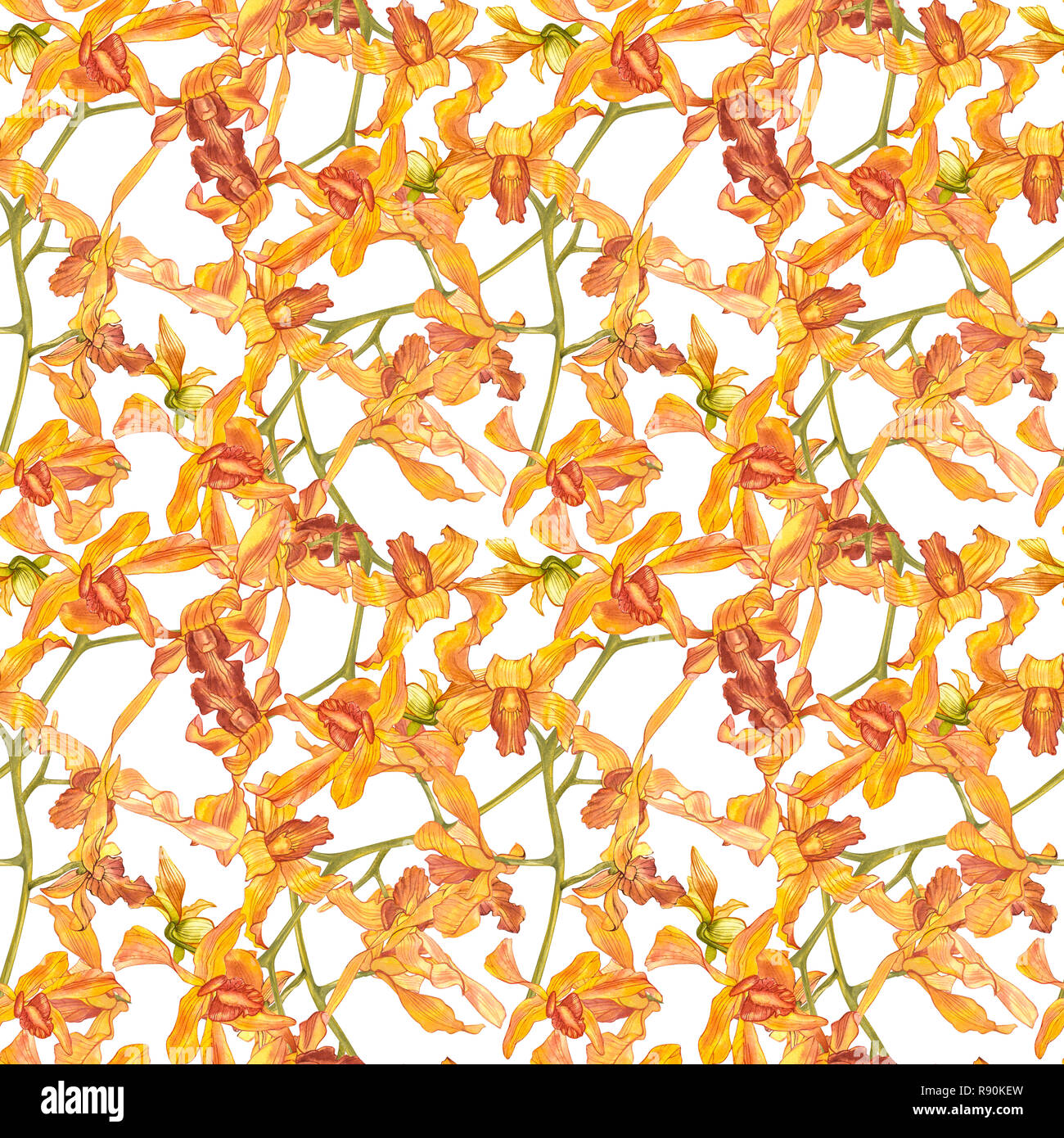 Watercolor orchid branch, hand drawn floral seamless pattern background ...