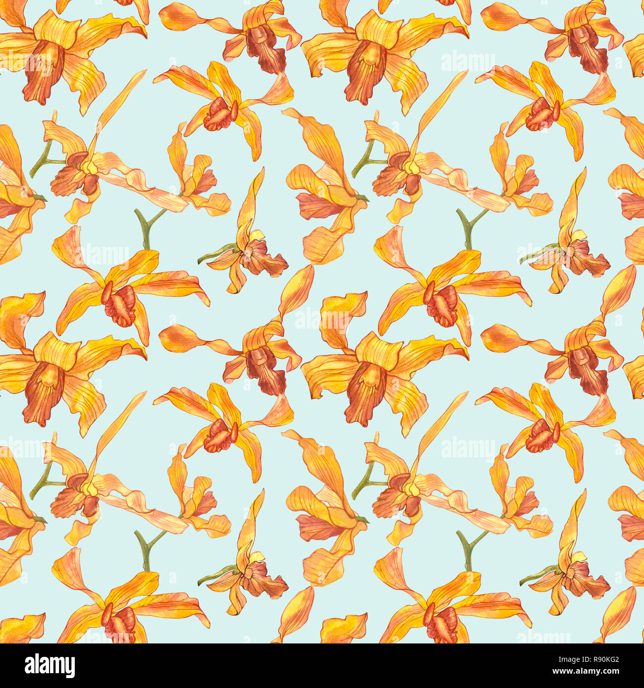 Watercolor orchid branch, hand drawn floral seamless pattern background ...