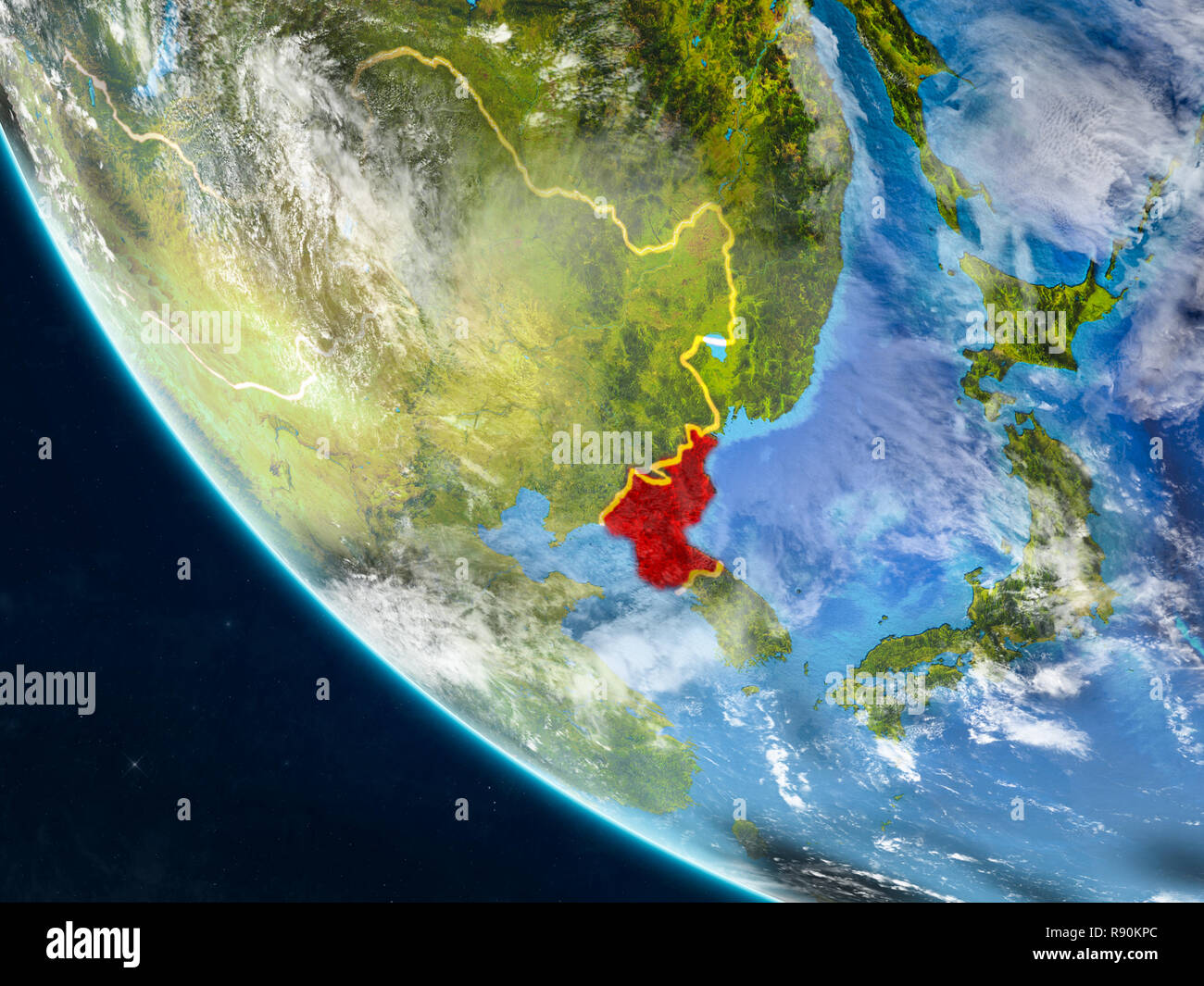 North Korea on planet Earth from space with country borders. Very fine ...