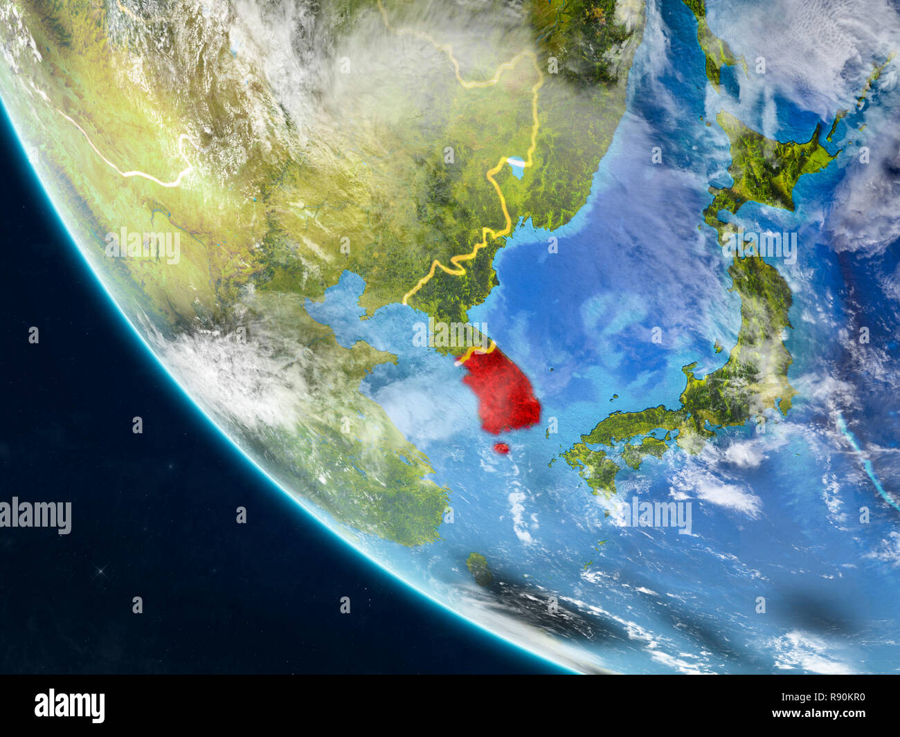 South Korea on planet Earth from space with country borders. Very fine ...