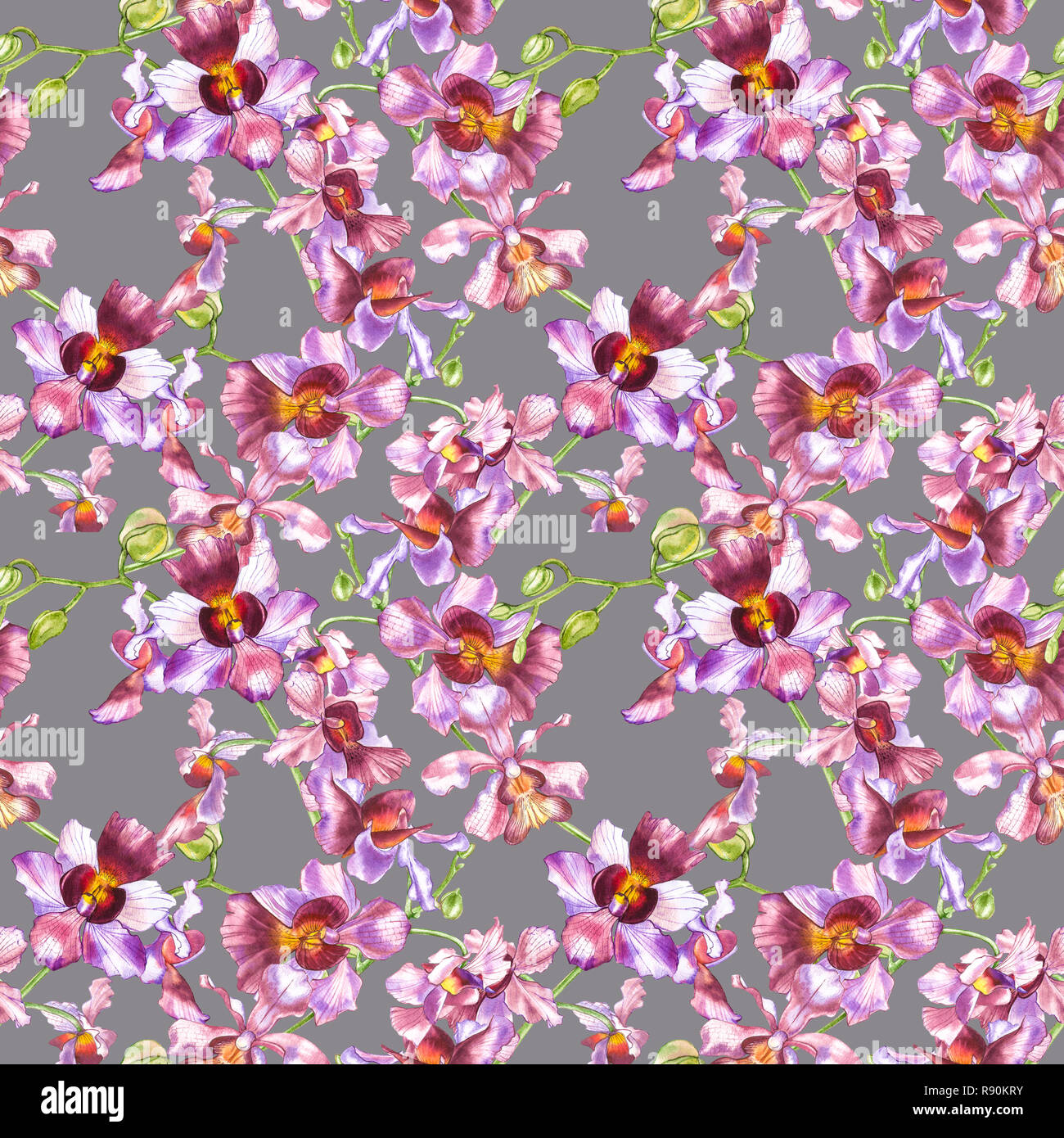 Watercolor orchid branch, hand drawn floral seamless pattern background ...