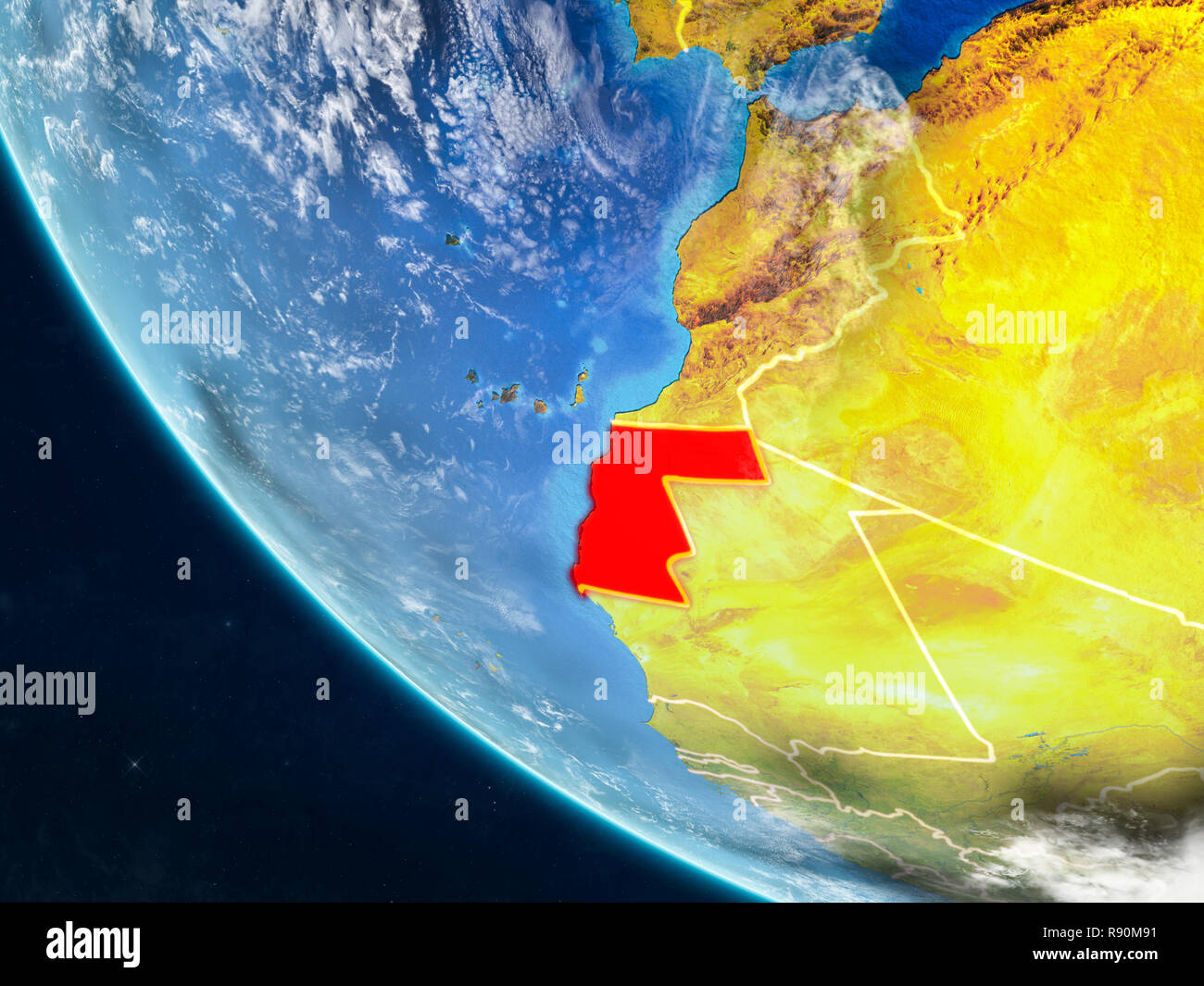 Western Sahara on planet Earth from space with country borders. Very ...