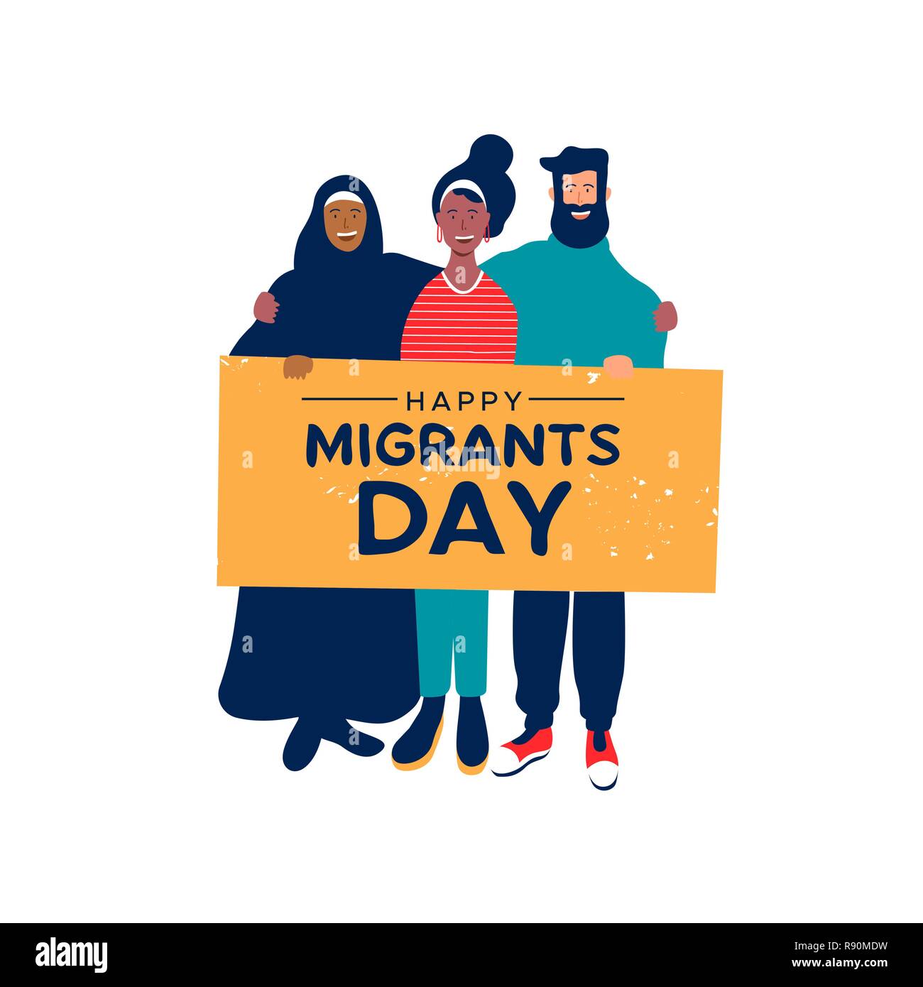 International Migrants Day background illustration, diverse people group from different cultures holding protest sign for gobal migration or refugee h Stock Vector