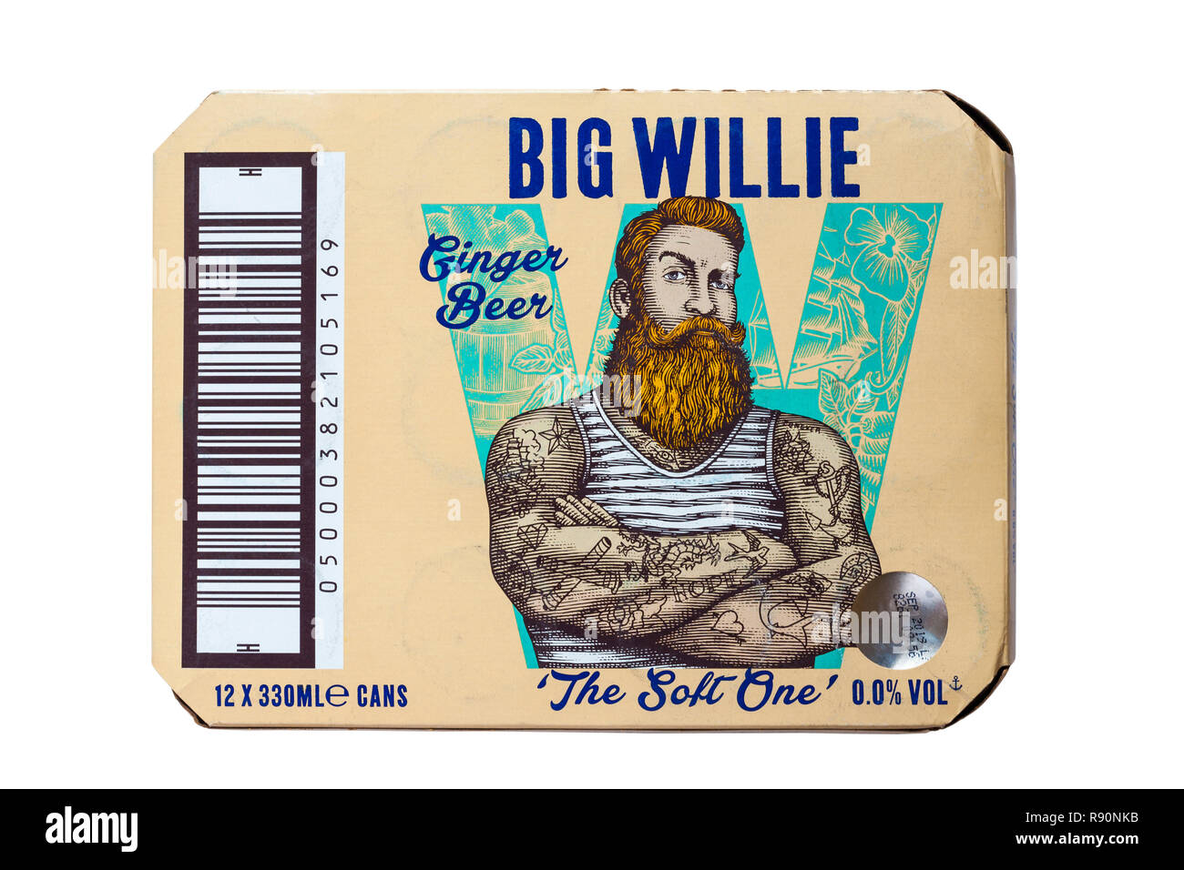 Pack of Big Willie Ginger Beer - 12 x 330ml cans isolated on white background - Sparkling ginger flavoured soft drink Stock Photo