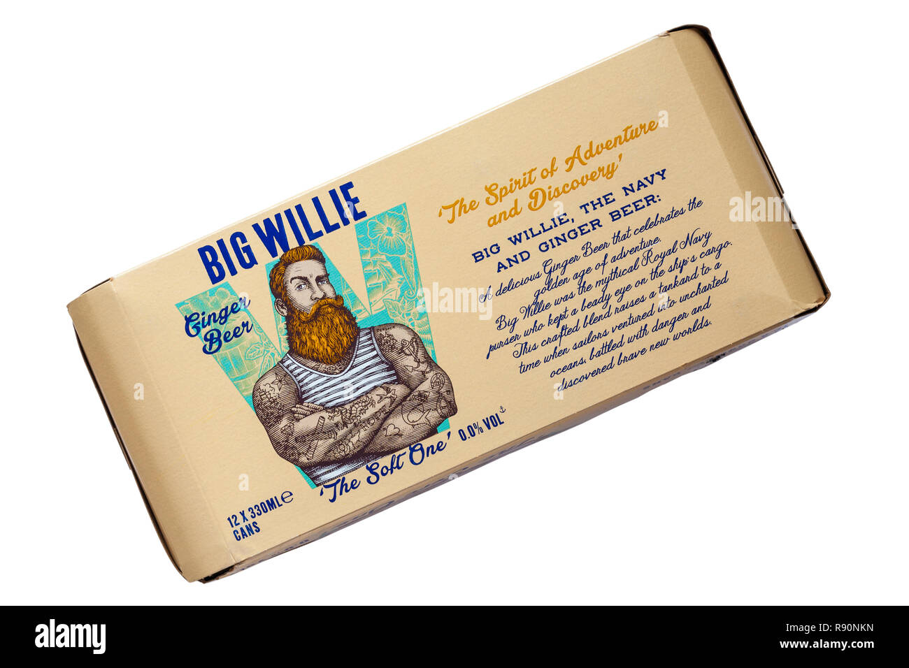 Pack of Big Willie Ginger Beer - 12 x 330ml cans isolated on white background - Sparkling ginger flavoured soft drink Stock Photo