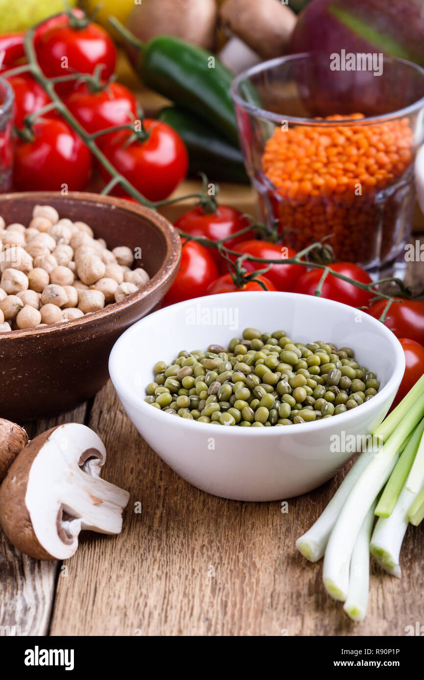 Mung bean. Variety of fresh  vegetables and dry grains and beans. Healthy plant based vegan food, close up, selection focus Stock Photo