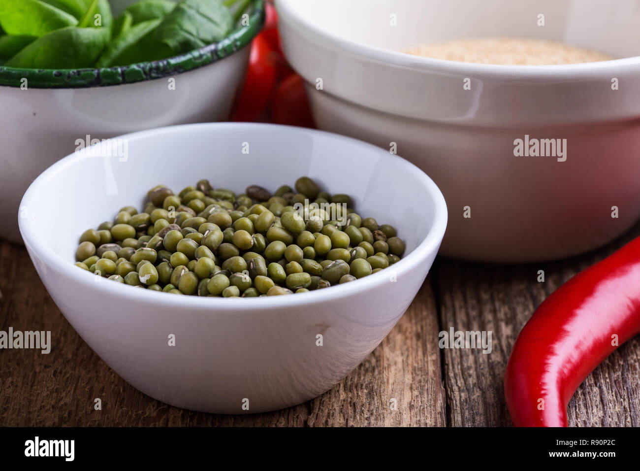 Mung bean. Variety of fresh  vegetables and dry grains and beans. Healthy plant based vegan food, close up, selection focus Stock Photo