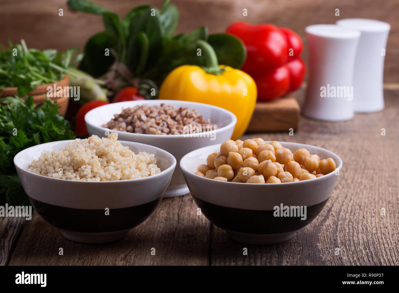 Selection of fresh vegetables and cooked cereal, grains and legume