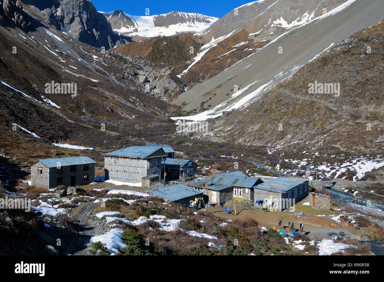 Tilicho Lake Base Camp, A side trek from the Annapurna Circuit, Nepal. The  buildings and lodges surrounded mountains and snow capped peaks Stock Photo  - Alamy