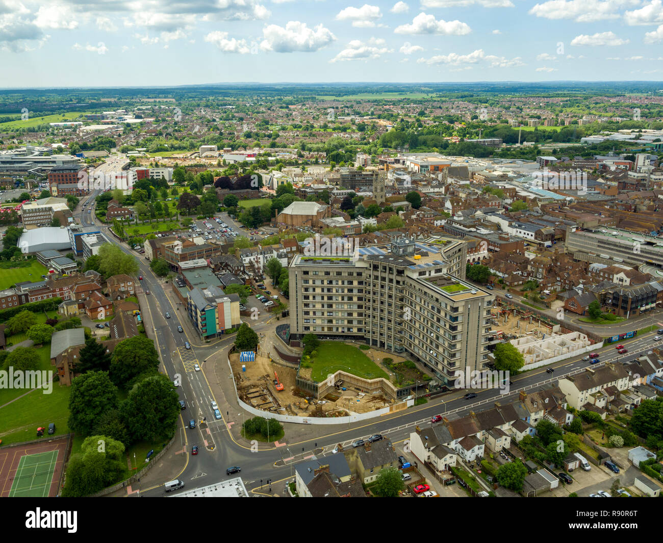 Aerial view of the Panorama Building and Ashford town centre, Kent, UK Stock Photo