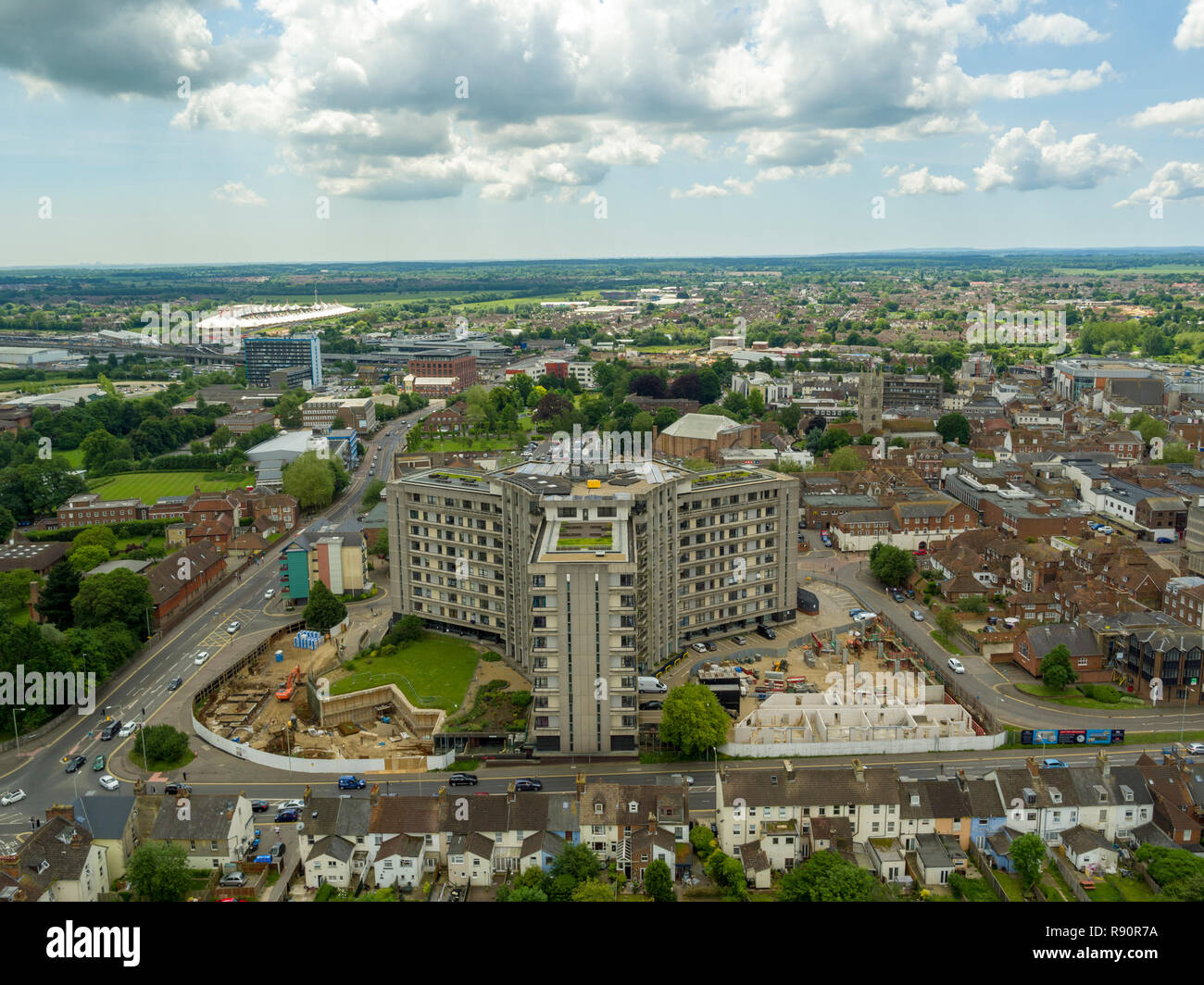 Aerial view of the Panorama Building and Ashford town centre, Kent, UK Stock Photo