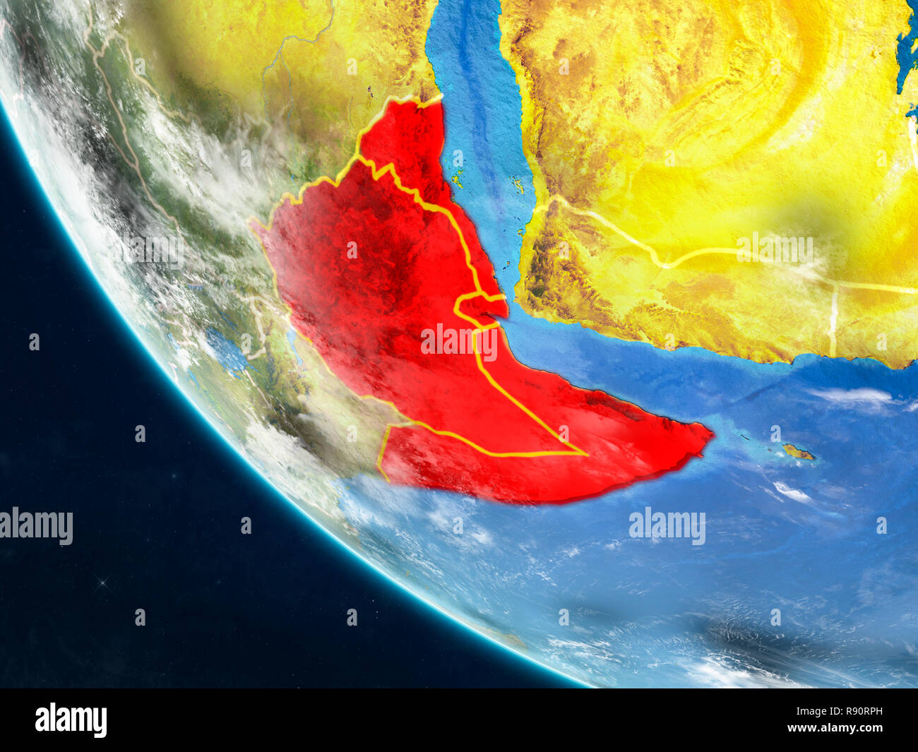 Horn of Africa on planet Earth from space with country borders. Very ...
