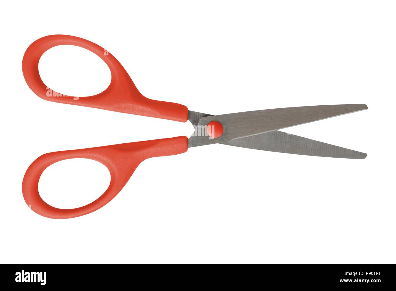 Open scissors with red handles isolated on white background Stock Photo