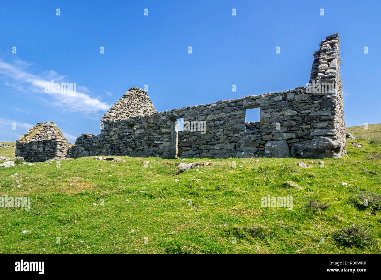 Remains of croft, abandoned during the Scottish Highland Clearances, Shetland Islands, Scotland, UK Stock Photo