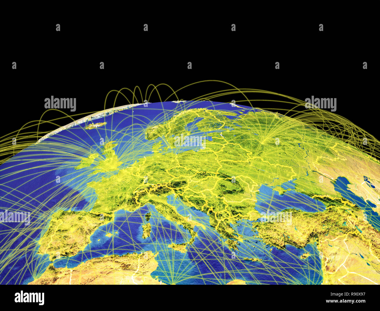 Western Europe on planet Earth with country borders and trajectories representing international communication, travel, connections. 3D illustration. E Stock Photo