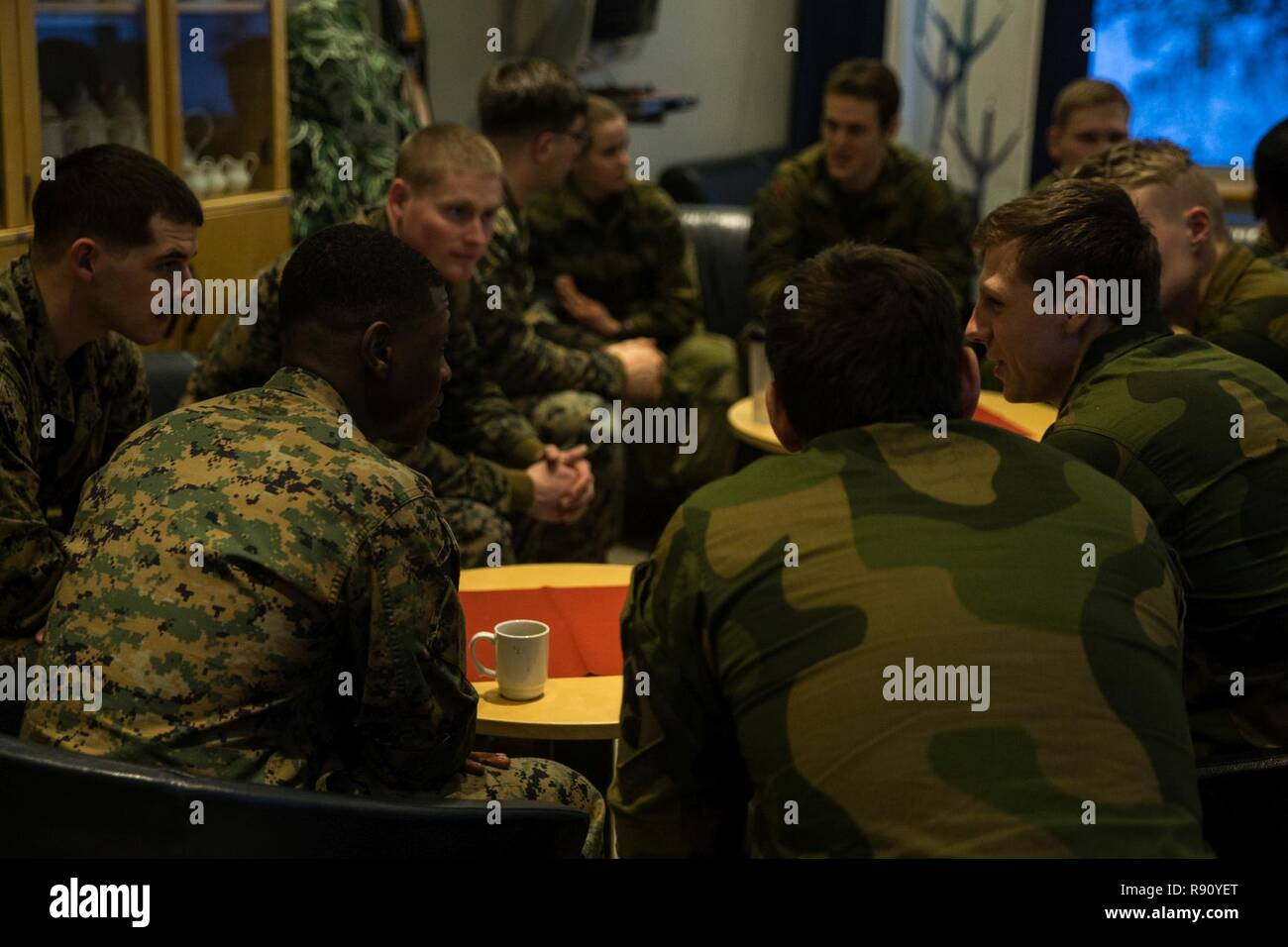 U.S. Marines with Marine Forces Europe and Africa’s Marine Corps Element-Norway and Norwegian Army soldiers compare and contrast their military’s noncommissioned officer corps during a Navy Infantry Enlisted Leadership course in Setermoen, Norway, Dec. 6, 2018. This course consisted of various class lectures and physical training on how to lead and conduct themselves as NCOs. Stock Photo