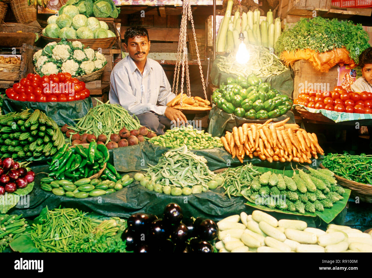 vegetable seller in market, mumbai bombay, maharashtra, india, NO MR Stock Photo