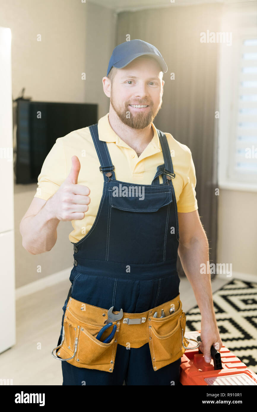Cheerful handyman showing thumb-up Stock Photo