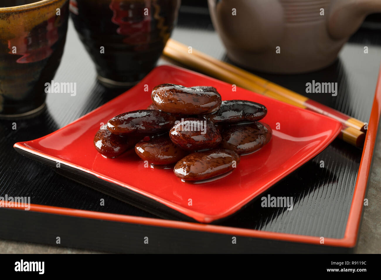 Large scarlet runner beans in syrup, called Hanamame in Japan Stock Photo