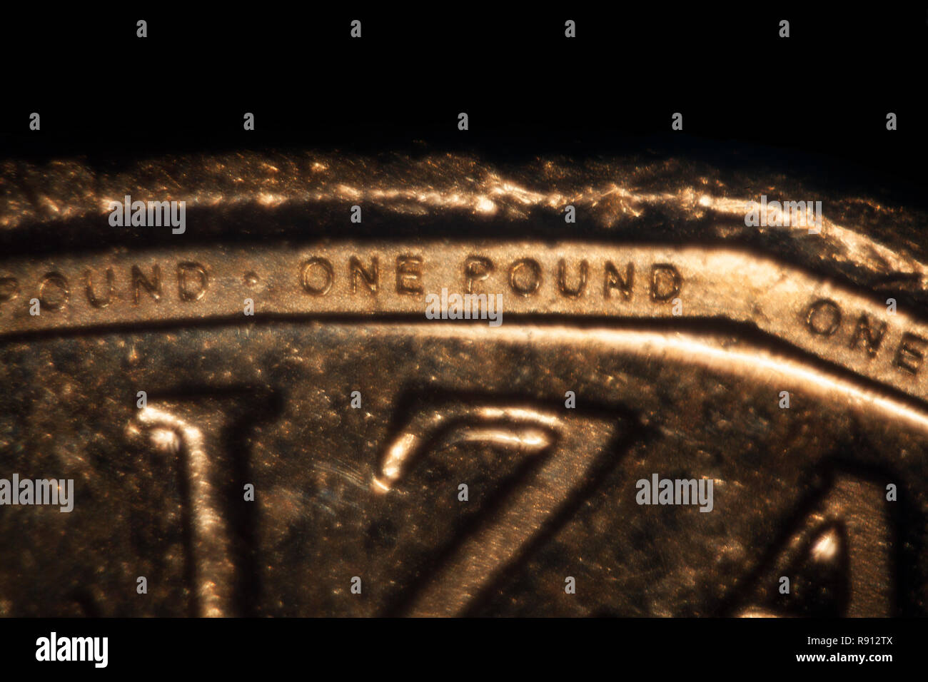 High macro view of one pound coin detail, United Kingdom, Great Britain currency Stock Photo