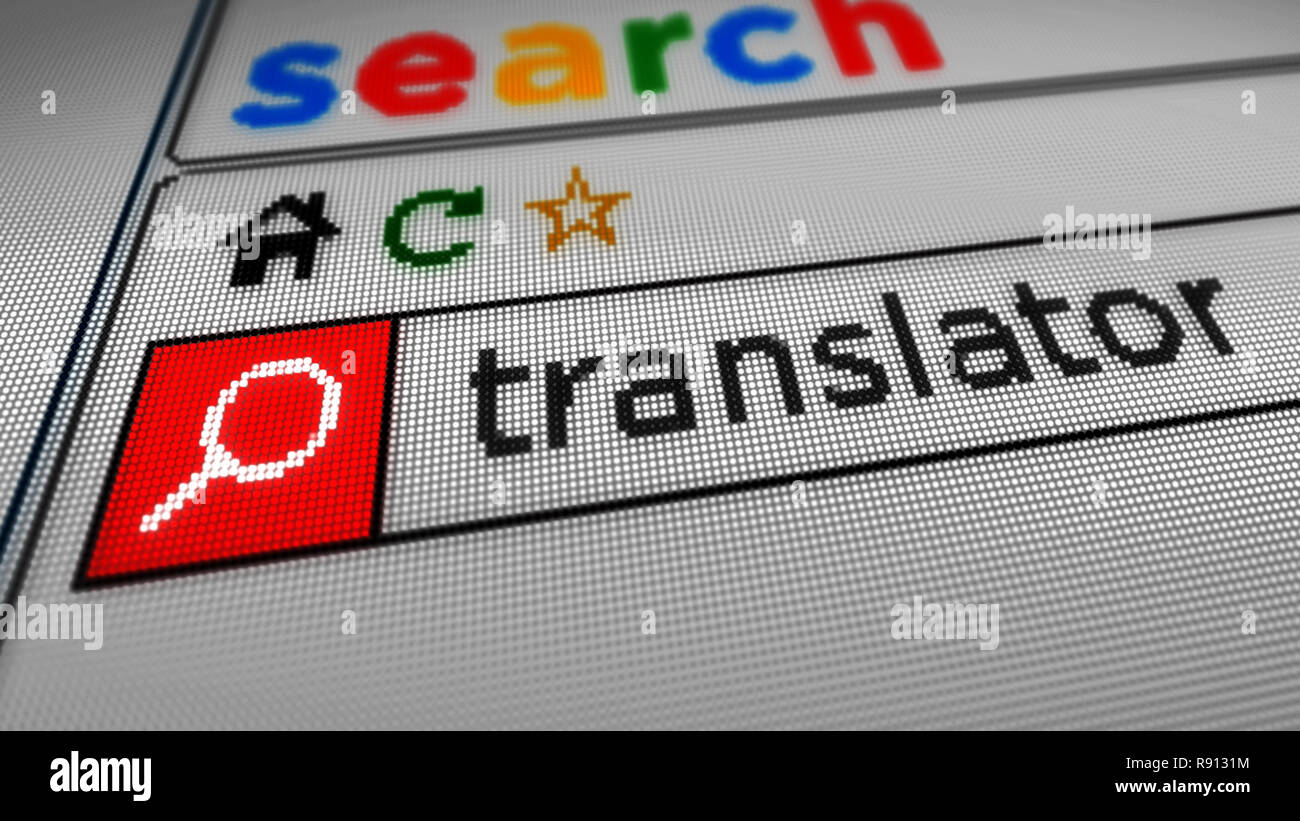 Searching for translator on the Internet. Typing keyword in www browser on computer, smartphone or tablet. Close view of screen display with pixels 3D Stock Photo
