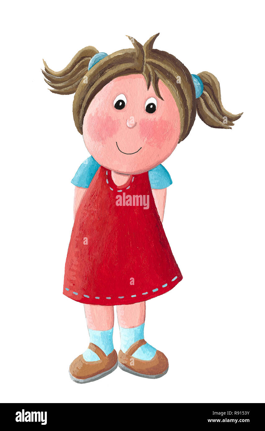 Acrylic illustration of a cute little girl in red dress Stock Photo - Alamy