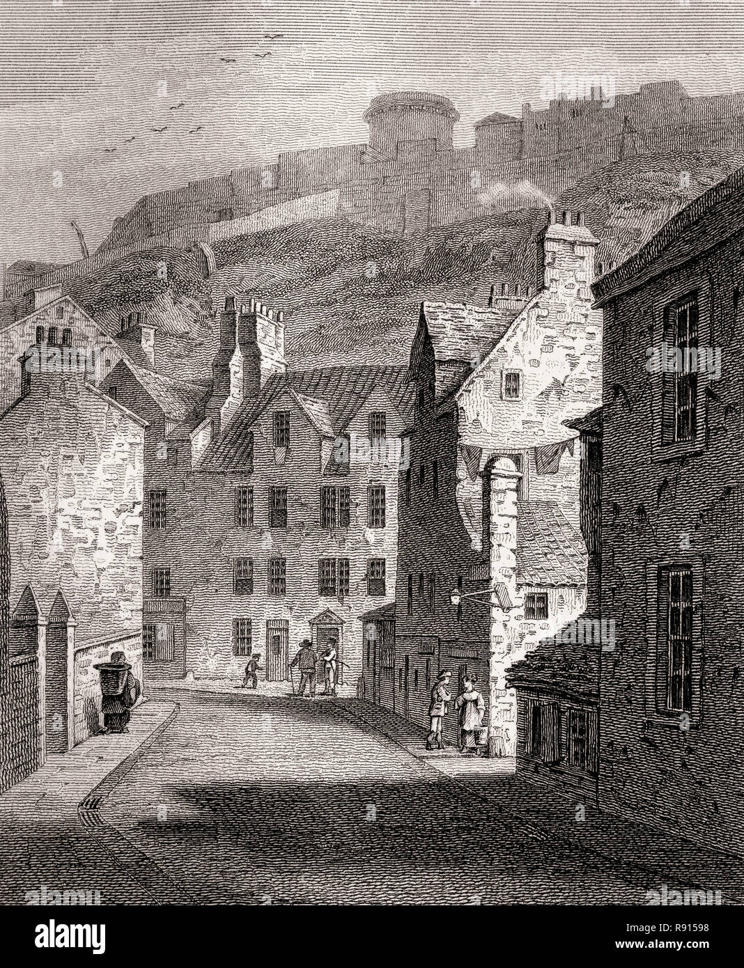Lawnmarket, David Hume Statue, Edinburgh, Scotland, 19th century, Views in Edinburgh by J. & H. S. Storer Stock Photo