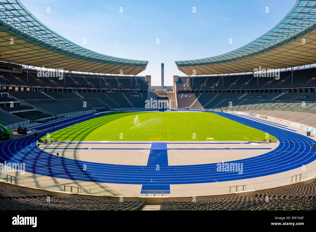 Berlin, Berlin state / Germany - 2018/07/31: Inner space of the historic Olympiastadion sports stadium originally constructed for the Summer Olympic i Stock Photo