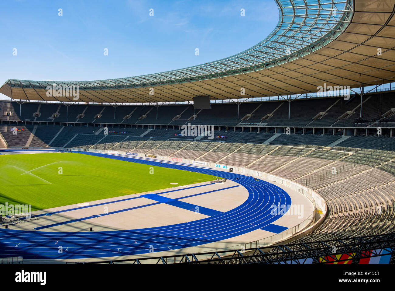 Berlin, Berlin state / Germany - 2018/07/31: Inner space of the historic Olympiastadion sports stadium originally constructed for the Summer Olympic i Stock Photo