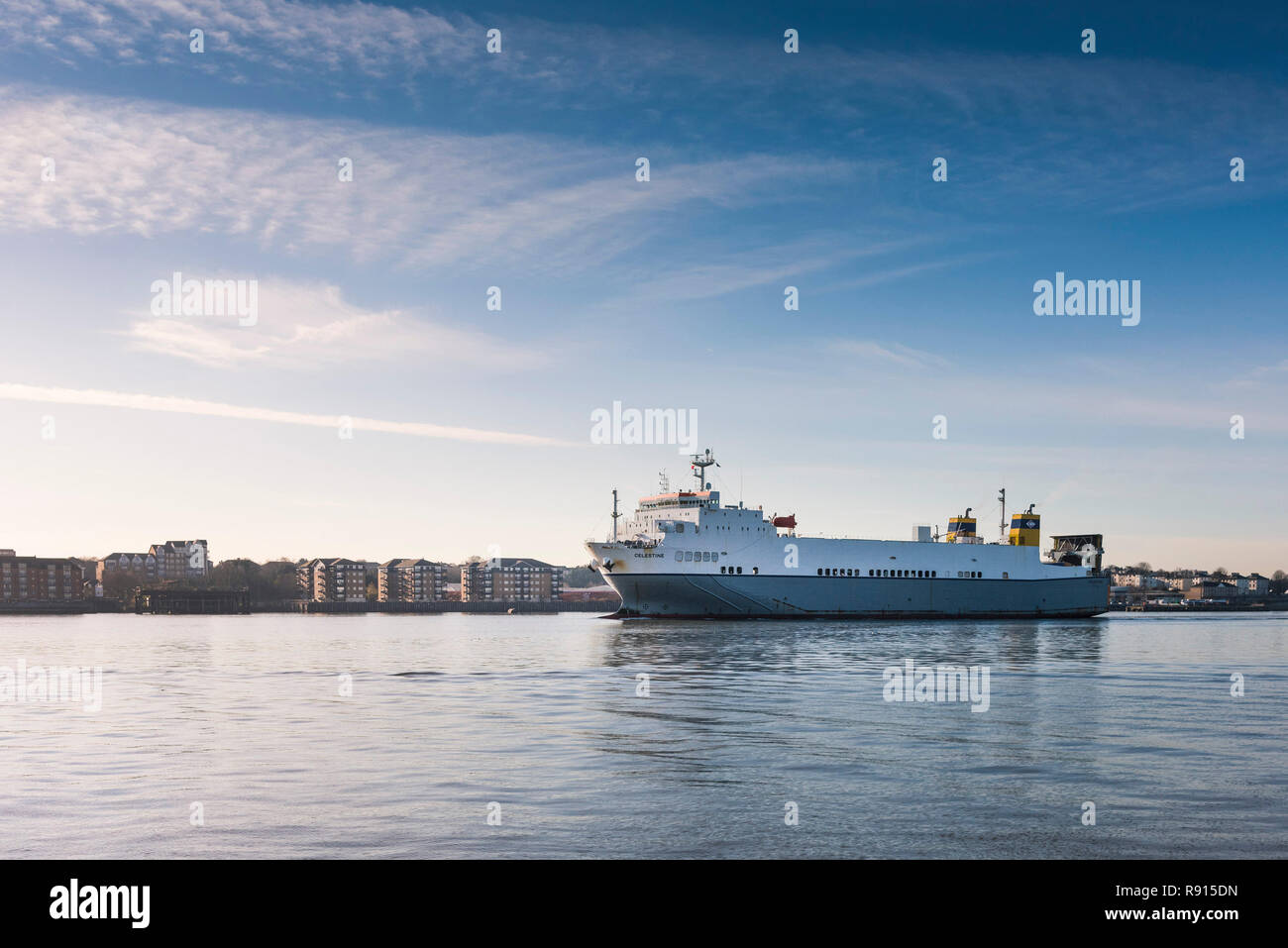 Shipping on the Thames.  The Ro-Ro Cargo ship Celestine steaming downriver on the River Thames at Grays Gravesend. Stock Photo