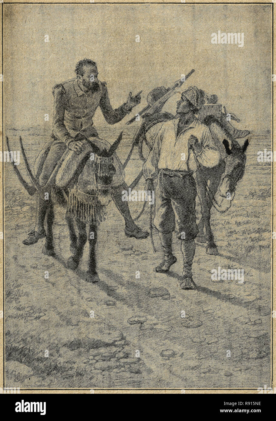 Don Quixote is helped by a peasant in his first outing. Don Quixote novel scene. Illustration from S. Calleja Edition published in 1916. Stock Photo