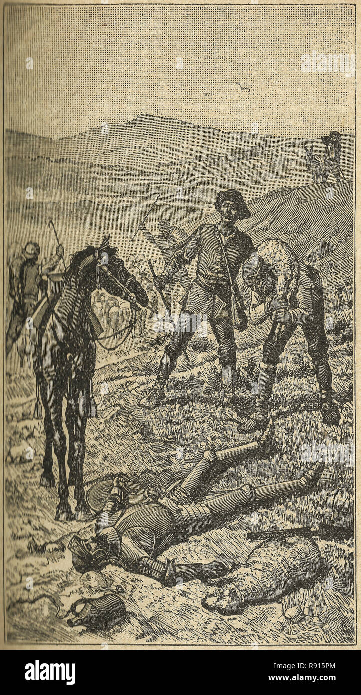 Don Quixote is knocked down by sheperds. Don Quixote novel scene. Illustration from Calleja Edition published in 1916. Stock Photo