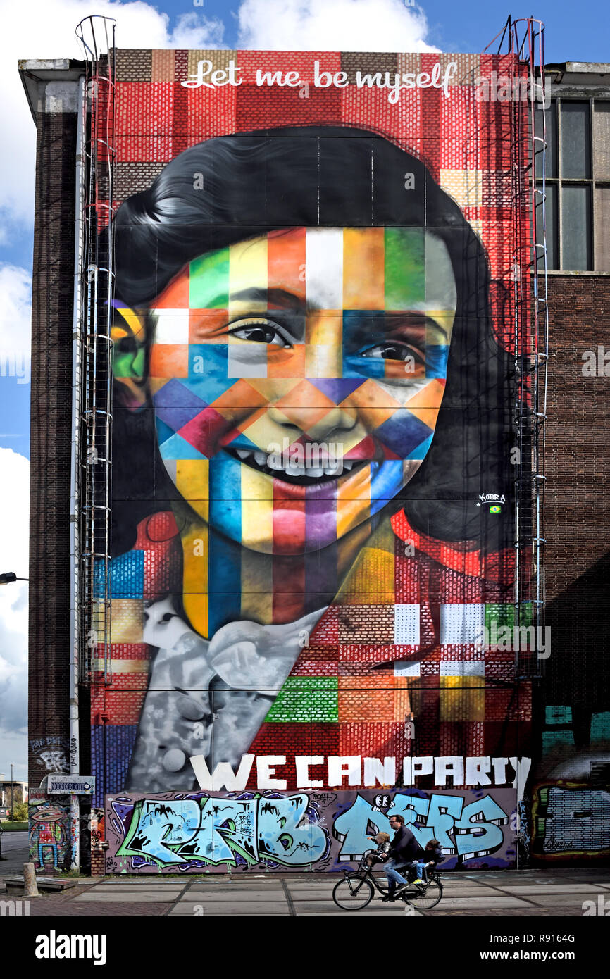 Mural of Anne Frank by Eduardo Kobra at the Street Art Museum at the NDSM in Amsterdam Noord, Netherlands. Stock Photo