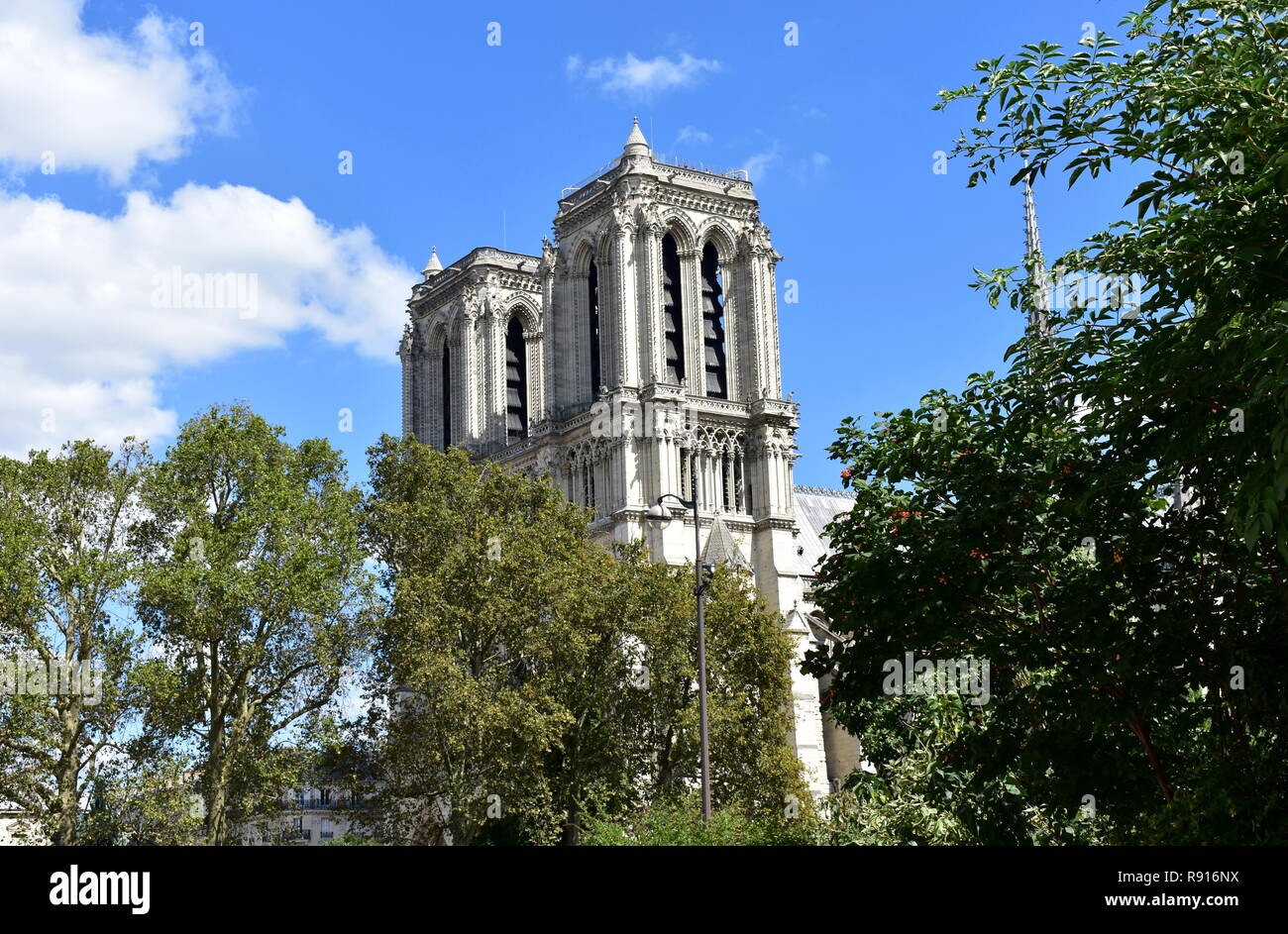 Notre Dame Cathedral From Seine River Walk Trees Towers And Spire