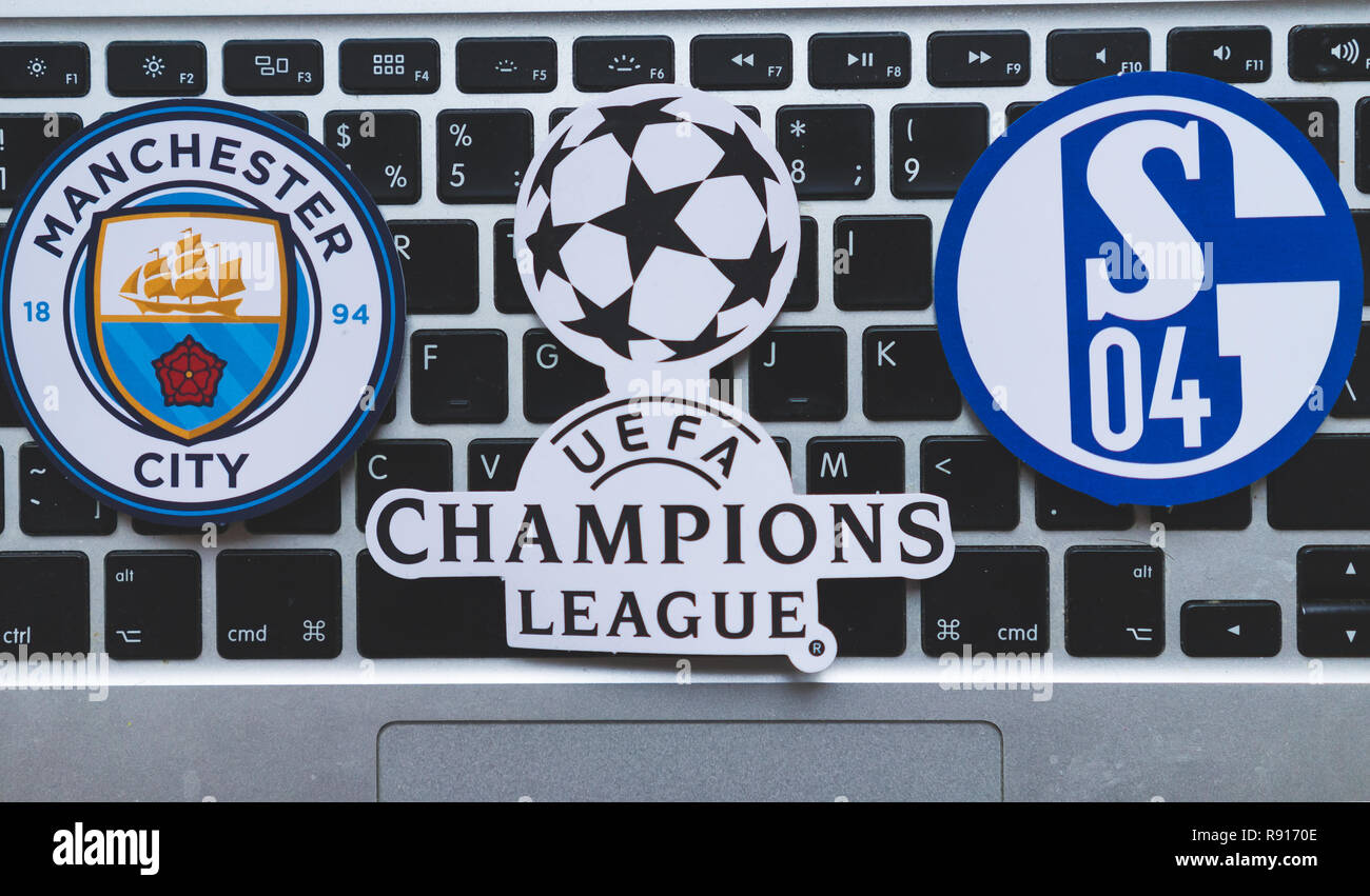 December 17, 2018. Nyon, Switzerland. Emblems of participants 1/8 finals of the  UEFA Champions League season 2018/2019 Manchester City F.C. and Schalk  Stock Photo - Alamy