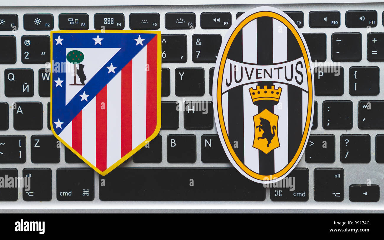 December 17, 2018. Nyon, Switzerland. Emblems of participants 1/8 finals of  the UEFA Champions League season 2018/2019 Atletico Madrid and Juventus F  Stock Photo - Alamy