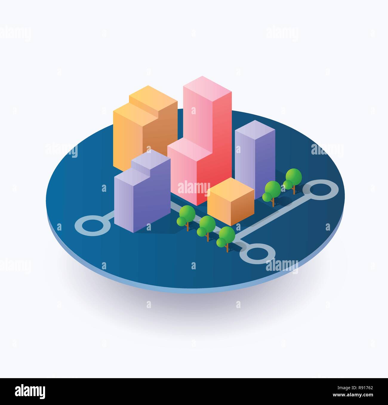 Colorful 3D isometric icon city of skyscrapers, houses and city street ...