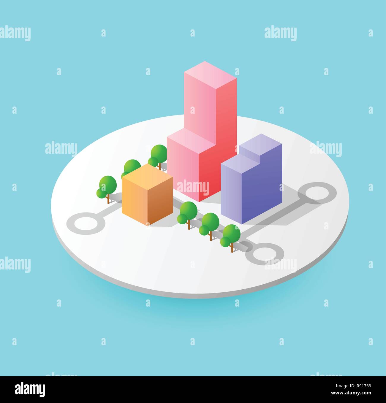Colorful 3D isometric icon city of skyscrapers, houses and city street ...