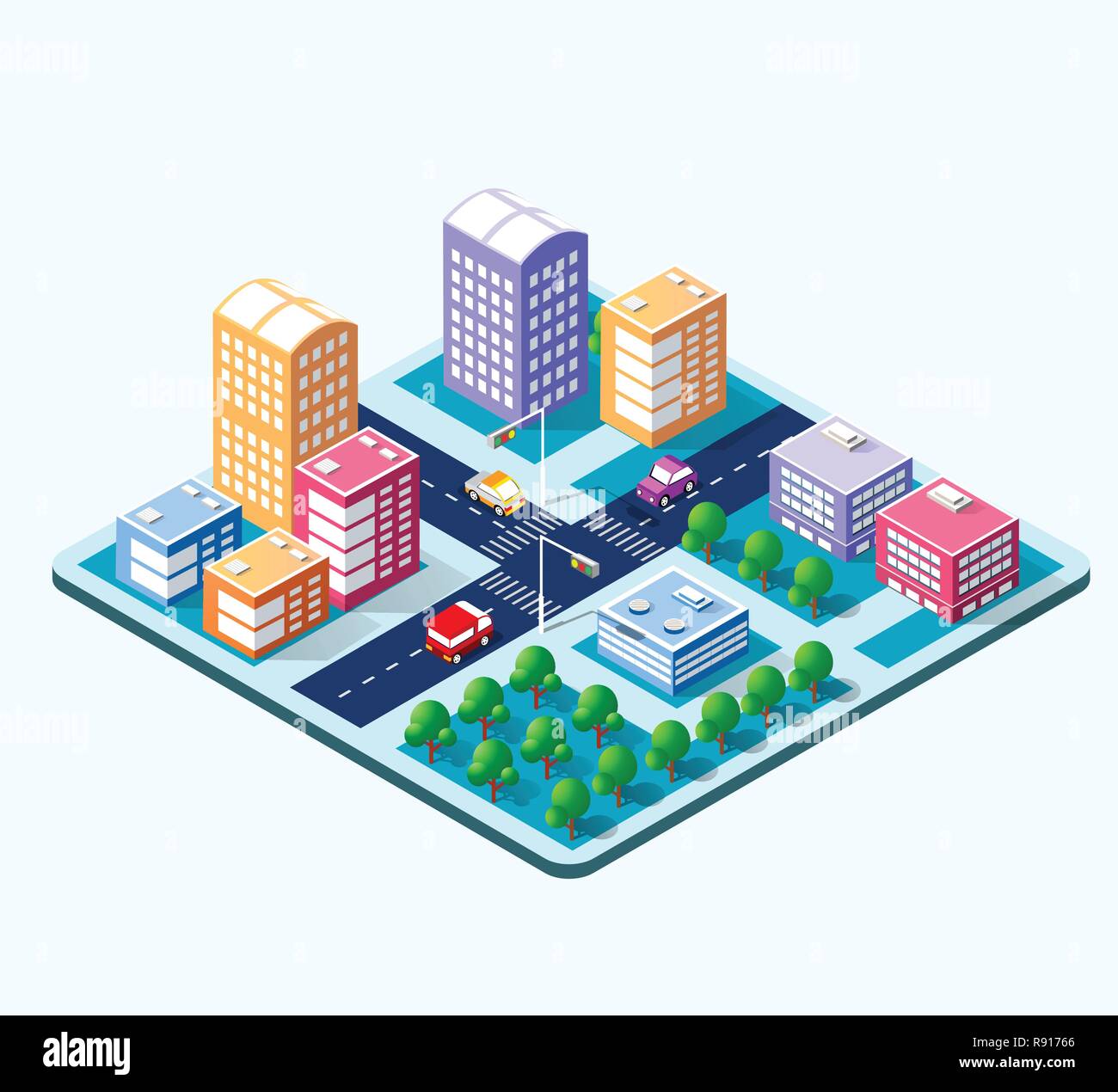 Colorful 3D isometric city of skyscrapers, houses and city street of ...
