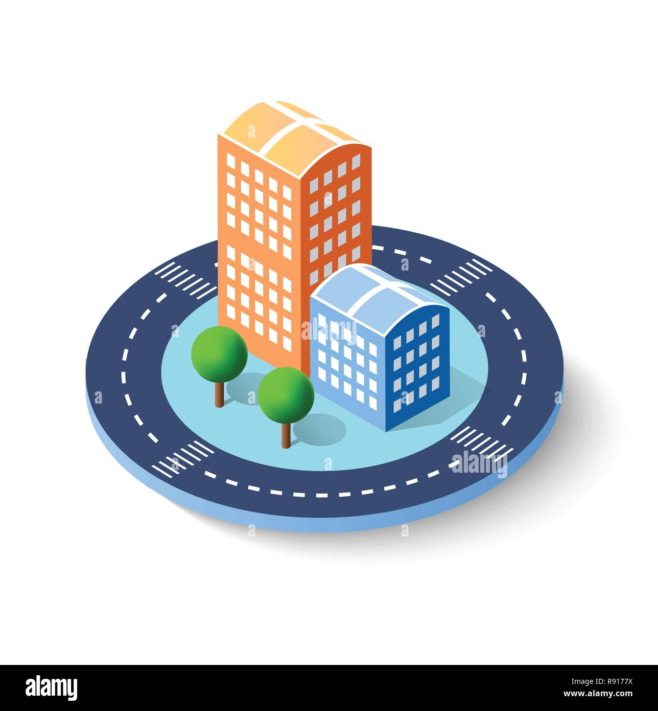 Colorful 3D isometric icon city of skyscrapers, houses and city street ...