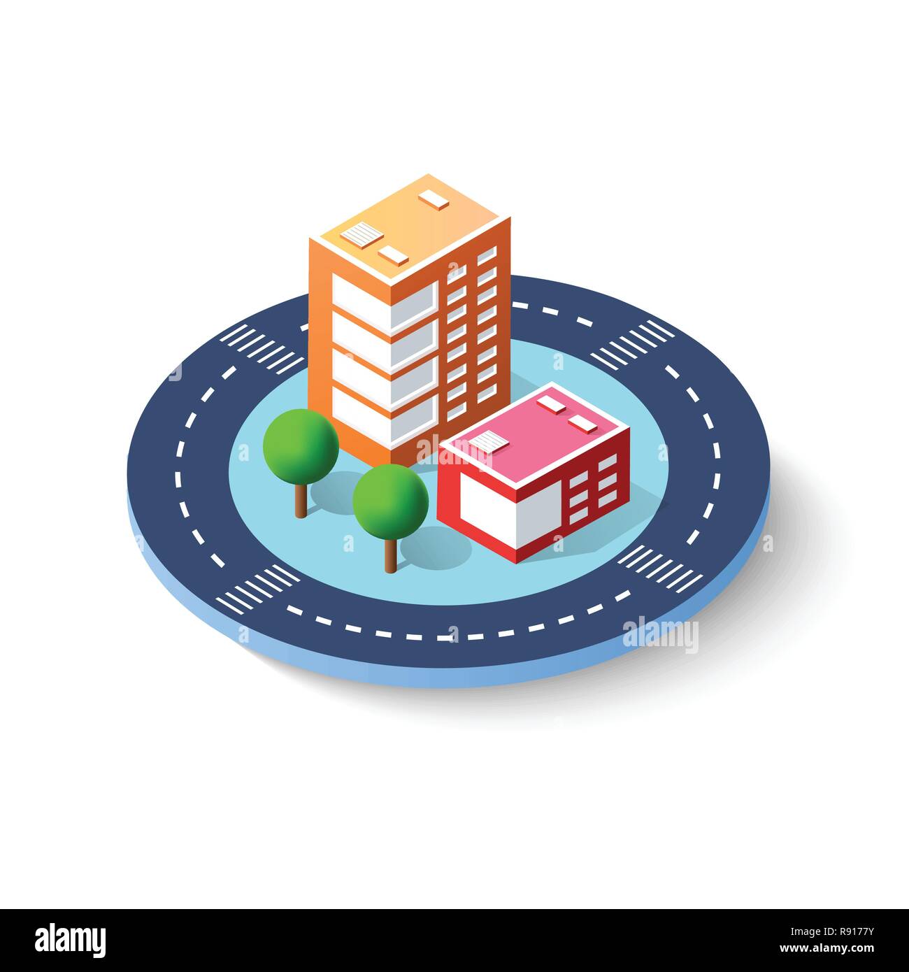 Colorful 3D isometric icon city of skyscrapers, houses and city street ...