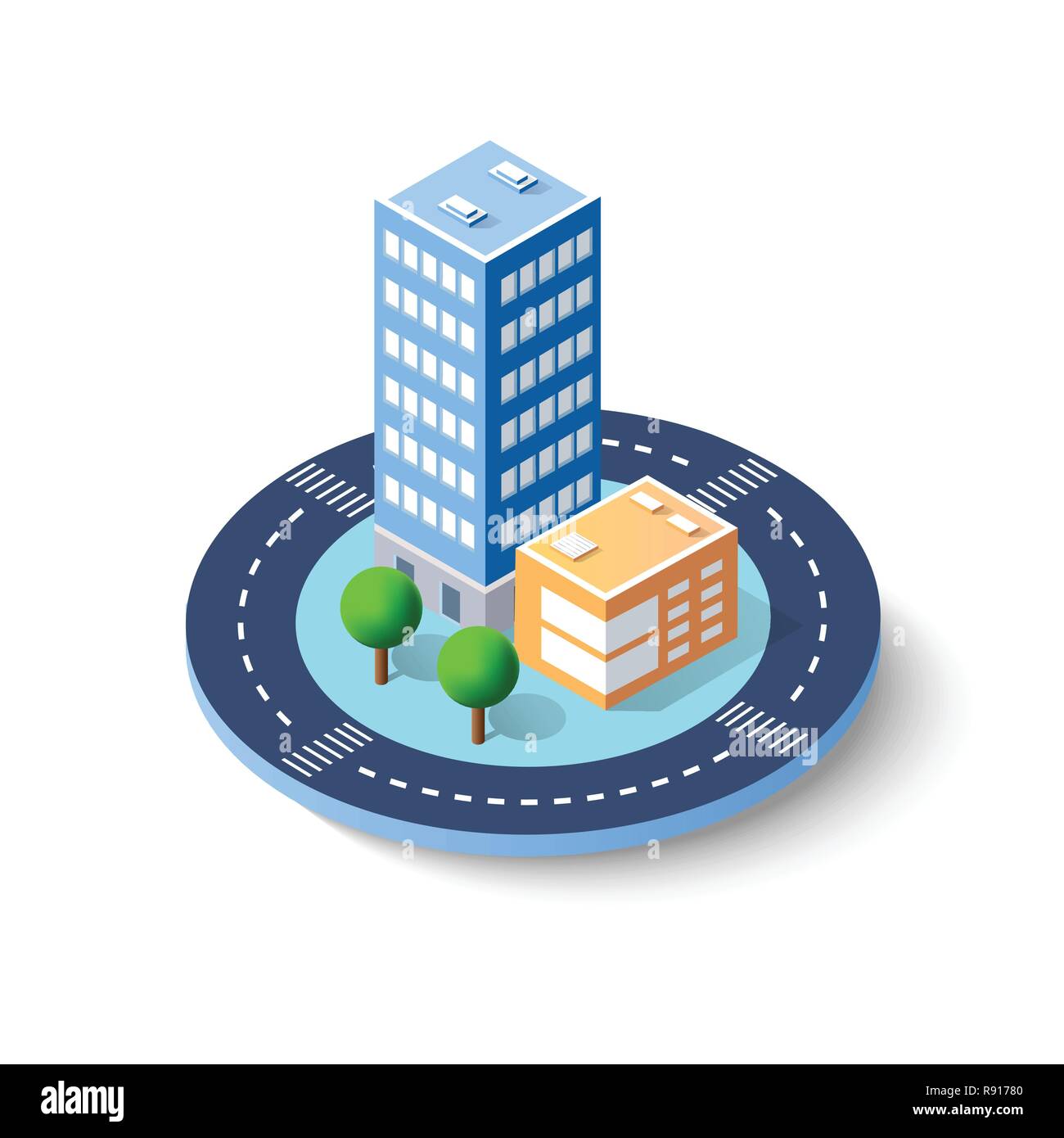 Colorful 3D isometric icon city of skyscrapers, houses and city street ...