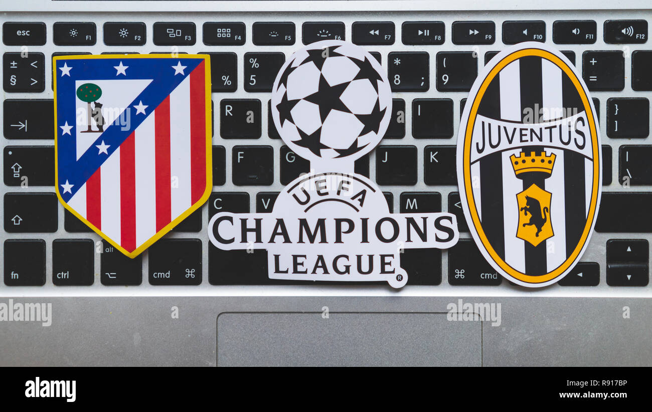 December 17, 2018. Nyon, Switzerland. Emblems of participants 1/8 finals of  the UEFA Champions League season 2018/2019 Atletico Madrid and Juventus F  Stock Photo - Alamy