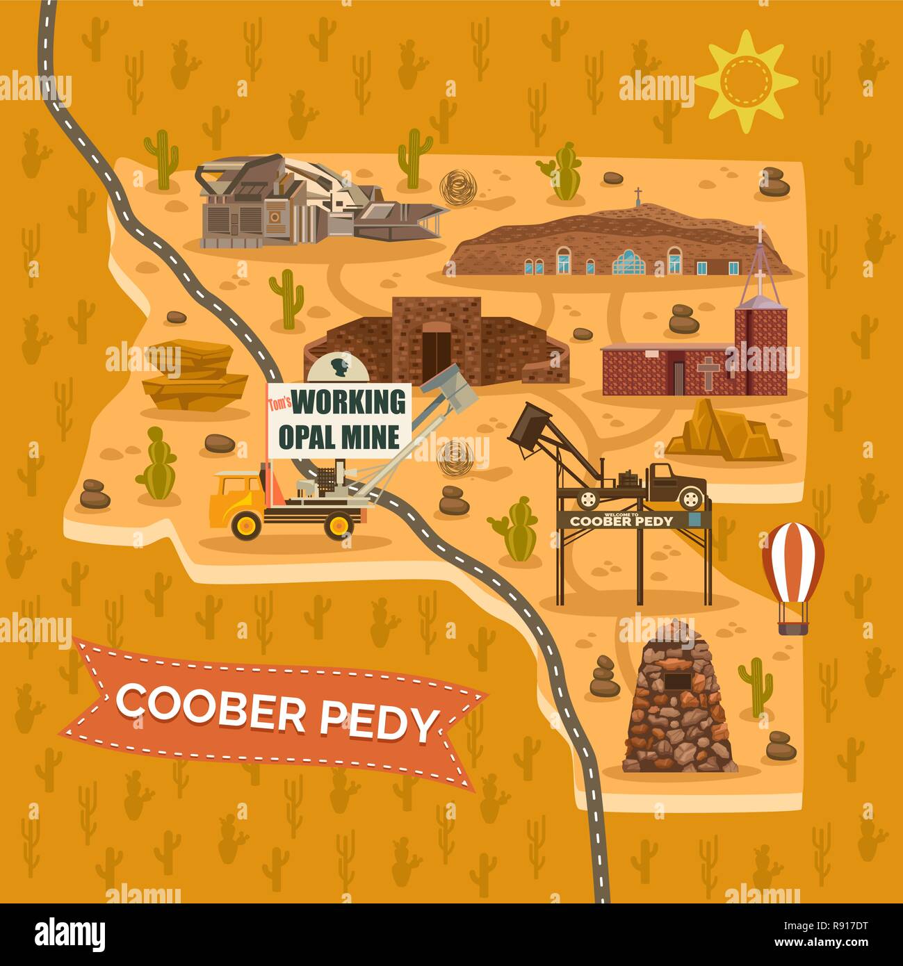 Landmark map for Australian Coober Pedy town, city Stock Vector