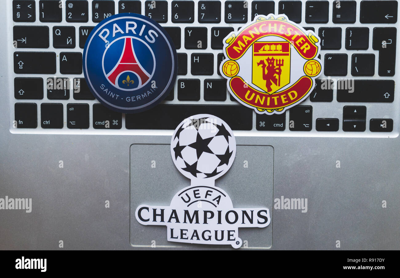 December 17, 2018. Nyon, Switzerland. Emblems of participants 1/8 finals of  the UEFA Champions League season 2018/2019 Manchester United F.C. and Par  Stock Photo - Alamy